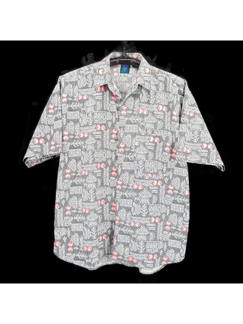 Vintage 80s Mens Shah Safari Gray Pink Hieroglyphs Button Shirt Size XL Abstract
